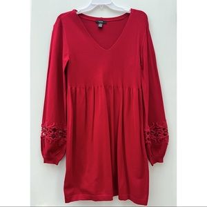 Alfani Red Crochet Balloon Sleeve V Neckline Sweater Dress